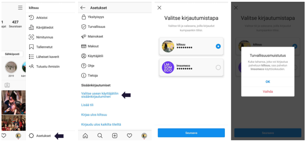 Instagramissa on mahdollista valita usean käyttäjätilin sisäänkirjautuminen.