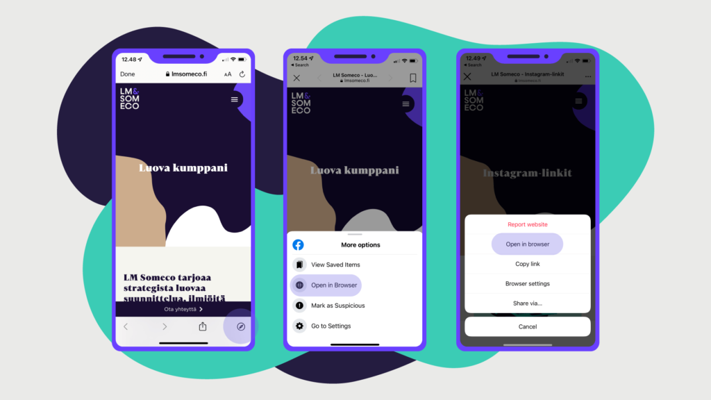 Twitter, Facebook ja Instagram antavat mahdollisuuden avata linkki puhelimen omaan selaimeen