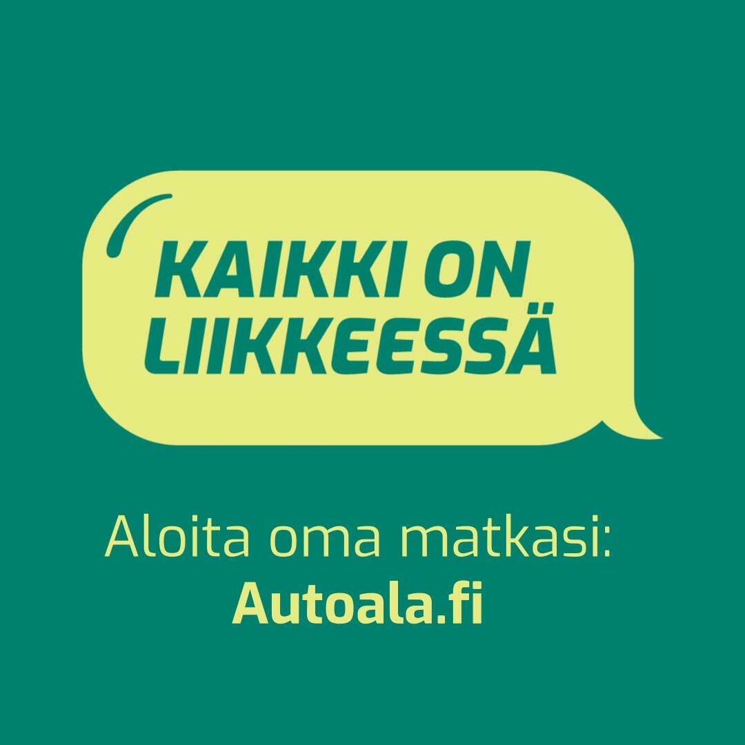 Kuvakaappaus uratarina-konseptin videosta. Kuvassa on teksti "Kaikki on liikkeessä. Aloita oma matkasi: autoala.fi".