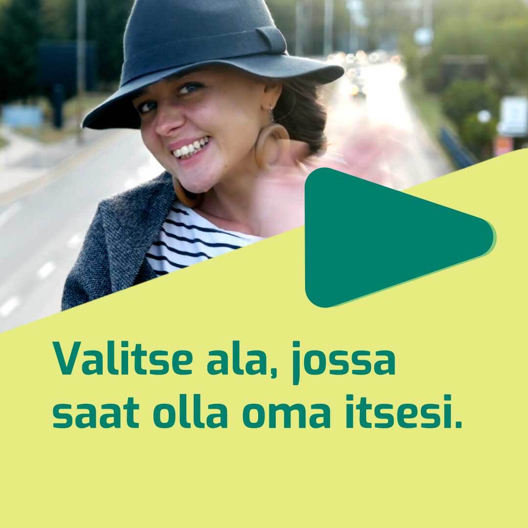 Kuvakaappaus uratarina-konseptin videosta. Kuvassa on teksti "Valitse ala, jossa saat olla oma itsesi".