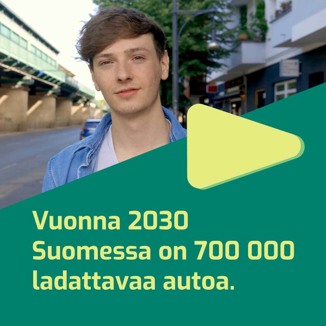 Kuvakaappaus uratarina-konseptin videosta. Kuvassa on teksti "Vuonna 2030 Suomessa on 700 000 ladattavaa autoa."